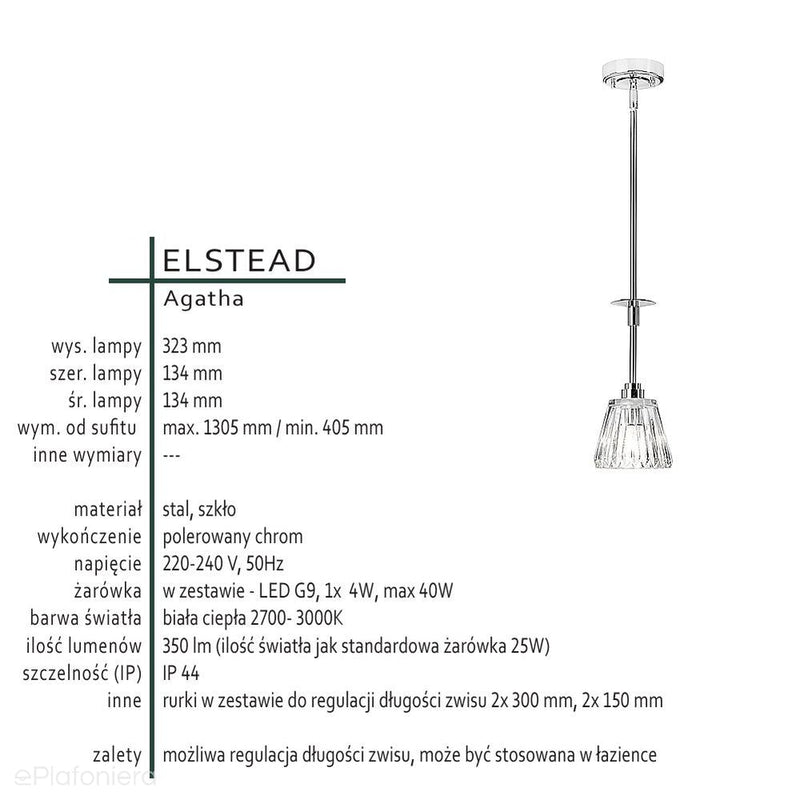 Хромований світлодіодний підвісний світильник для ванної вітальні спальні (G9 1x4W) Elstead (Agatha)