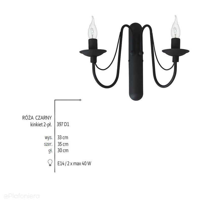 Czarna lampa ścienna - świecznik, kinkiet 2xE14, Aldex (Róża) 397D1 - ePlafoniera
