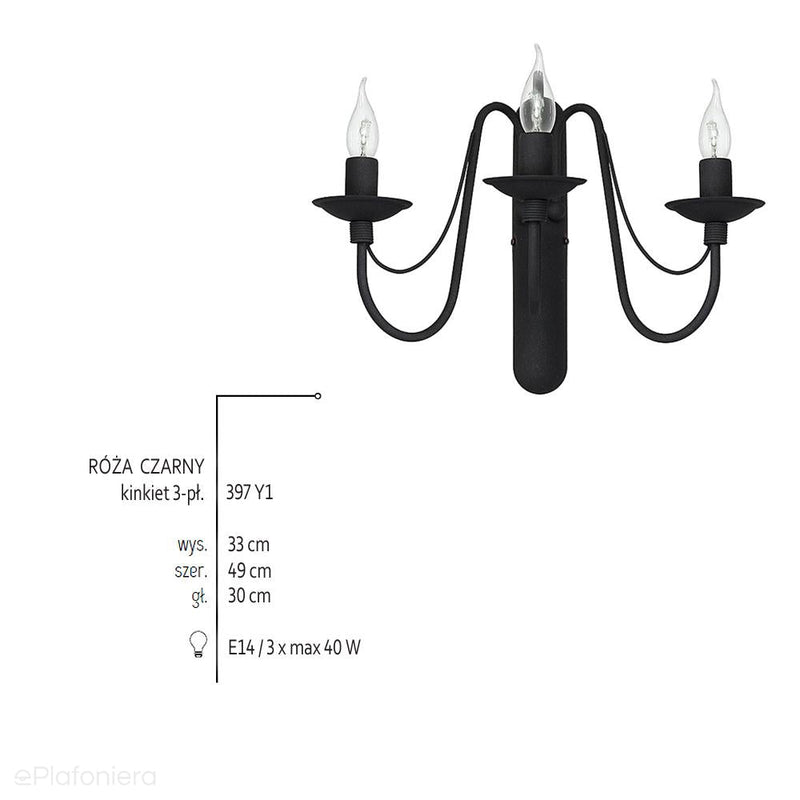 Czarna lampa ścienna - świecznik, kinkiet 3xE14, Aldex (Róża) 397Y1 - ePlafoniera