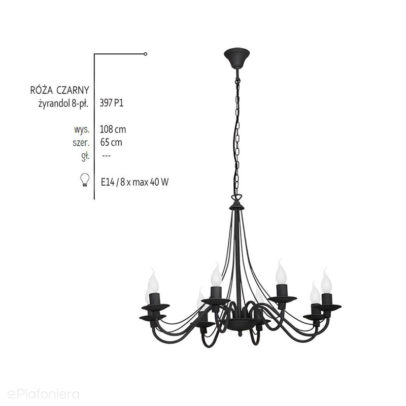 Czarna lampa wisząca - świecznik, żyrandol 8xE14, Aldex (Róża) 397P1 - ePlafoniera