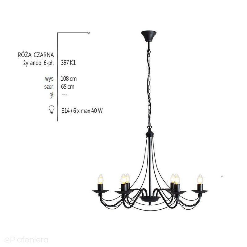 Czarna lampa wisząca - świecznik, żyrandol 6xE14, Aldex (Róża) 397K1 - ePlafoniera