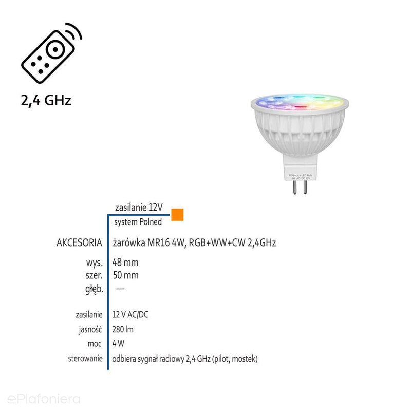 Розумна лампочка MR16 4W, RGB+WW+CW 2.4GHz - АКСЕСУАРИ світлодіодної системи 12V Polned (8814402)