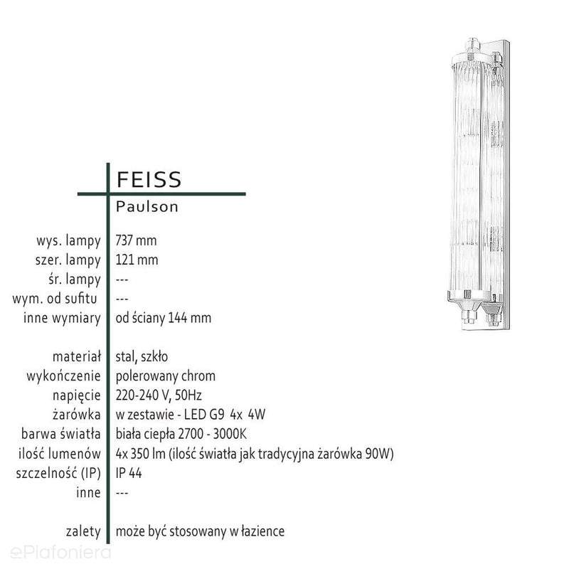 Світильник для ванної, висота 74см, скляна стінка - настінний хром (G9 4x4W) Feiss (Paulson)