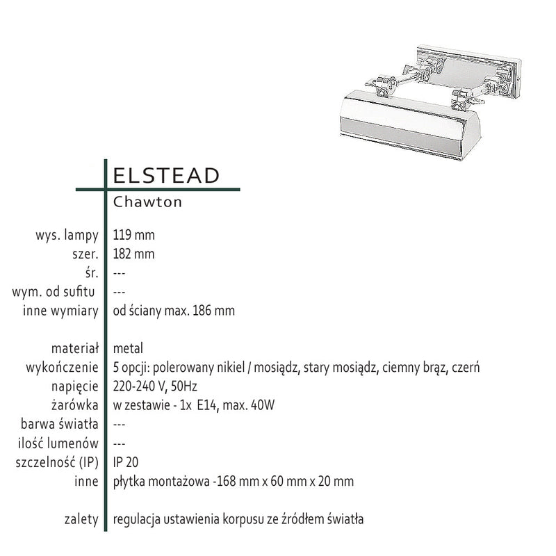 Лампа для підсвічування картин, над дзеркалом (нікель полірований) 1xE14, Elstead (Chawton)