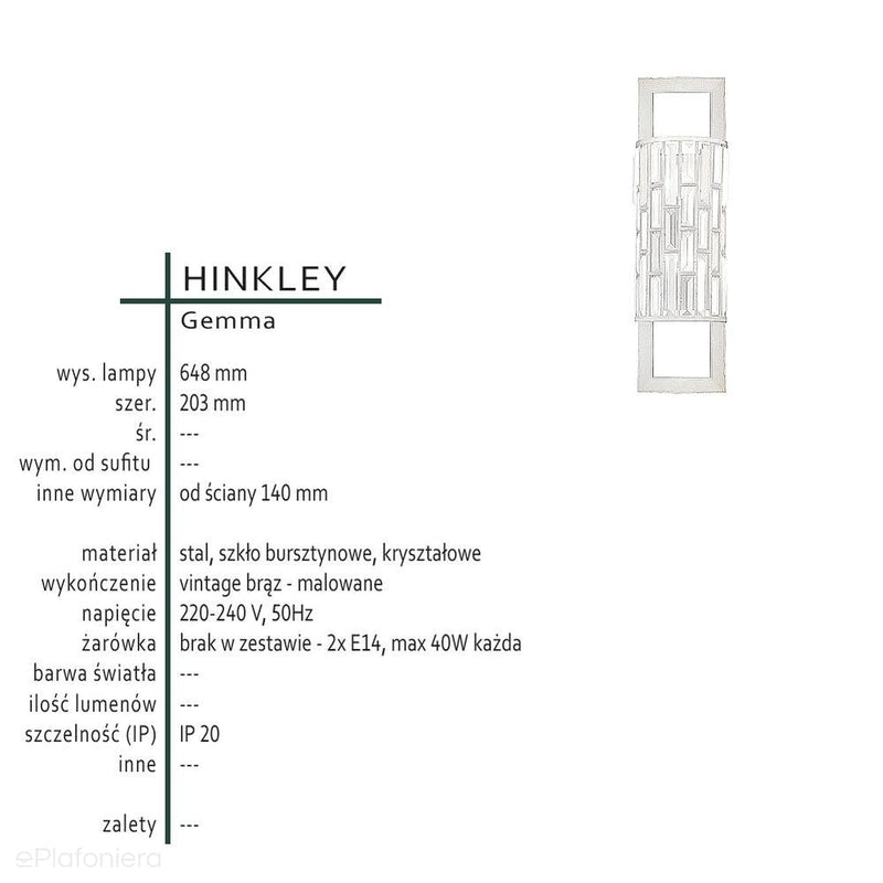 Настінний світильник Gemma з кристалами - Хінклі (вінтажний коричневий, бурштин, кристали) 20x65см / 2xE14