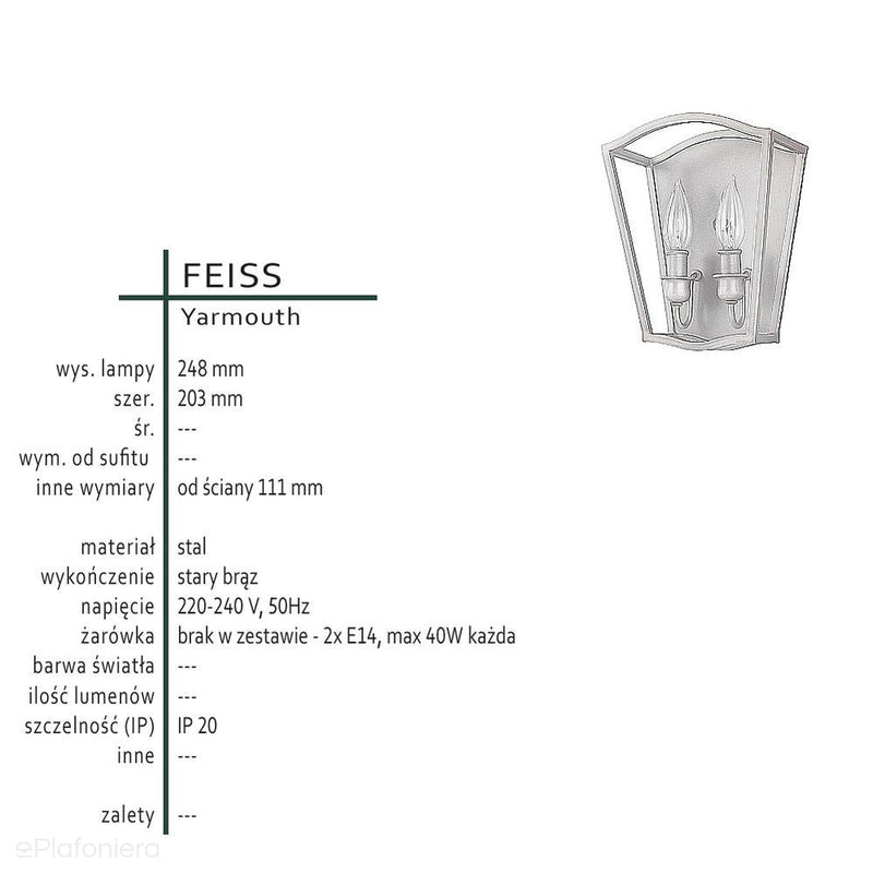Настінний світильник ліхтар - ліхтар (2xE14) (стара бронза) настінний світильник для вітальні, кухні, спальні, Feiss (Yarmouth)