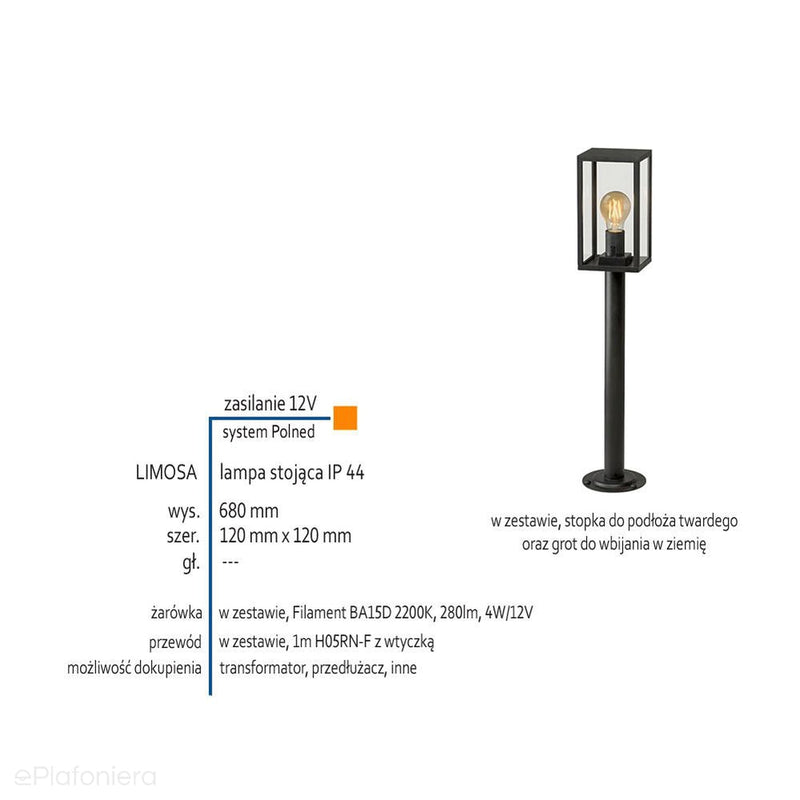 Світильник стоячий 68/88см зовнішній садовий стовп IP 44 (4W, 2200K) (система 12V LED) Limosa