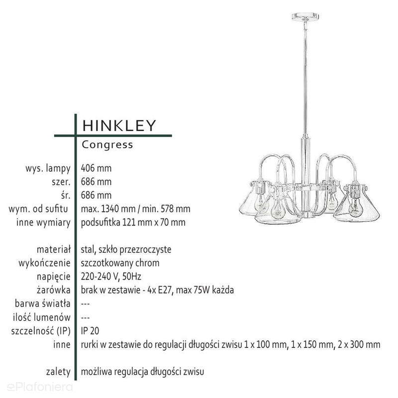 Підвісний світильник (хром) люстра - плафон 20см для вітальні, кухні, спальні (4xE27) Hinkley (Congress)