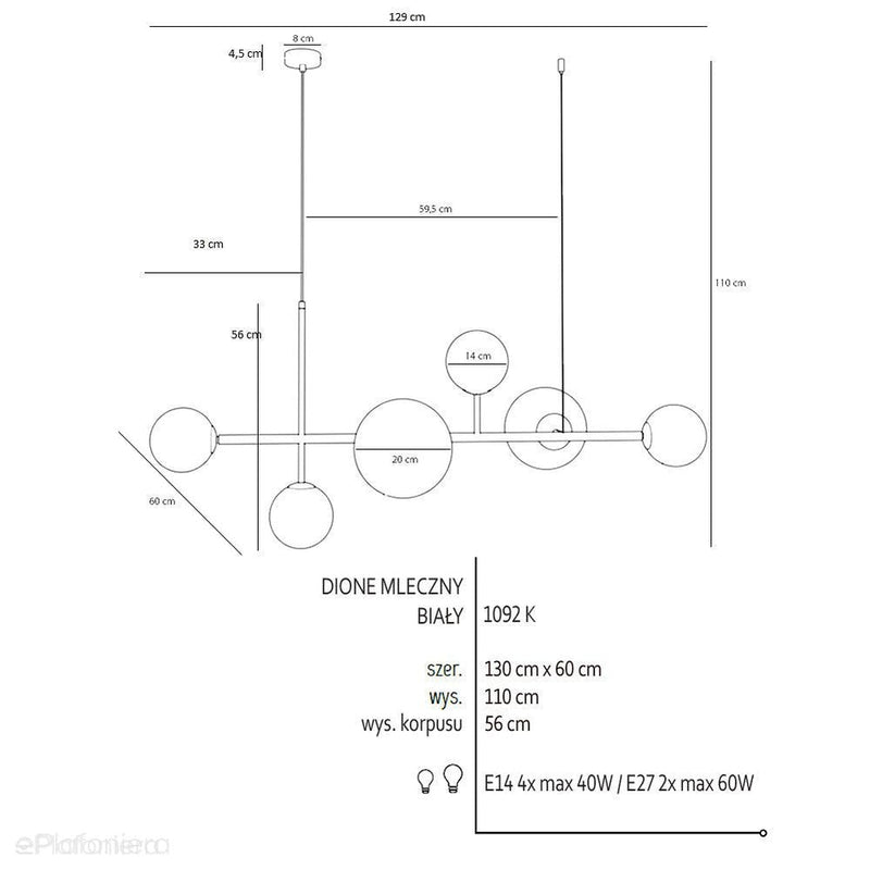 Підвісний світильник Dione 6 White - Aldex, 1092K, білий підвіс (4xE14/2xE27)