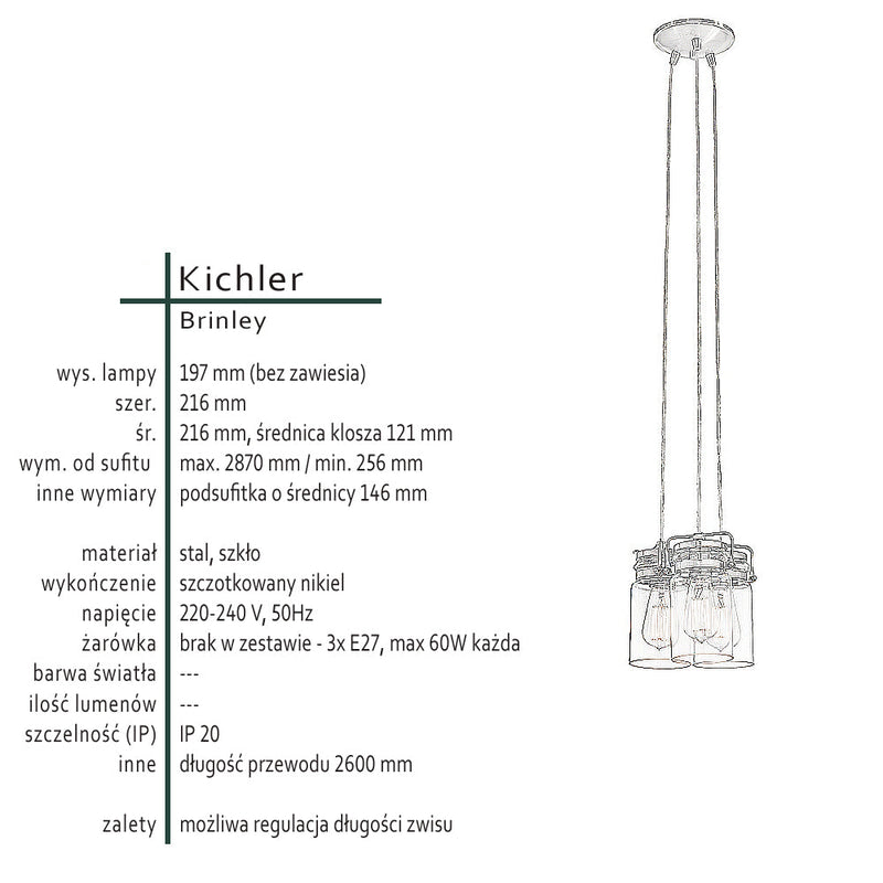 Підвісний світильник зі скляним плафоном (нікель) для кухні-вітальні 3xE27, Kichler (Brinley)