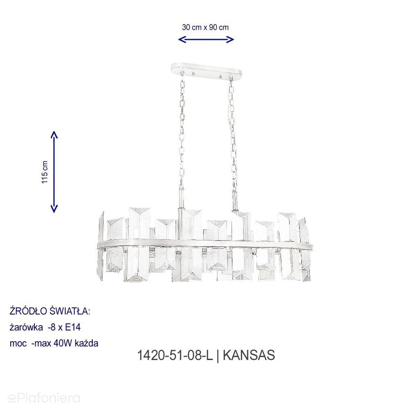 Luksusowy , kryształowy żyrandol - lampa wisząca chrom 8xE14, Lucea 1420-51-08-L KANSAS - ePlafoniera