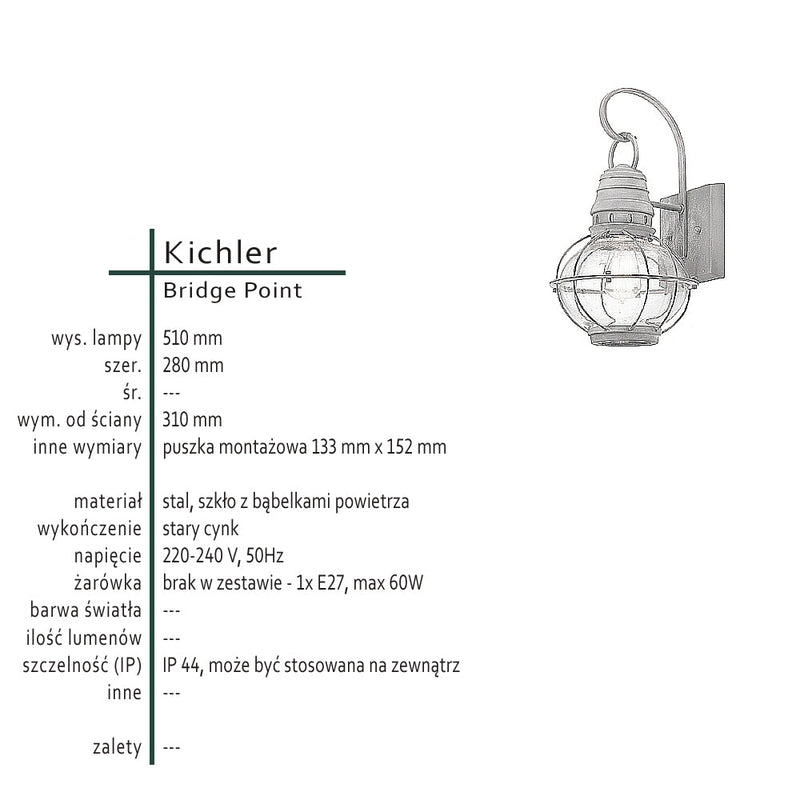 Металевий ліхтар Bridge Point L - Kichler, лофт/настінний світильник, настінний світильник 1xE27