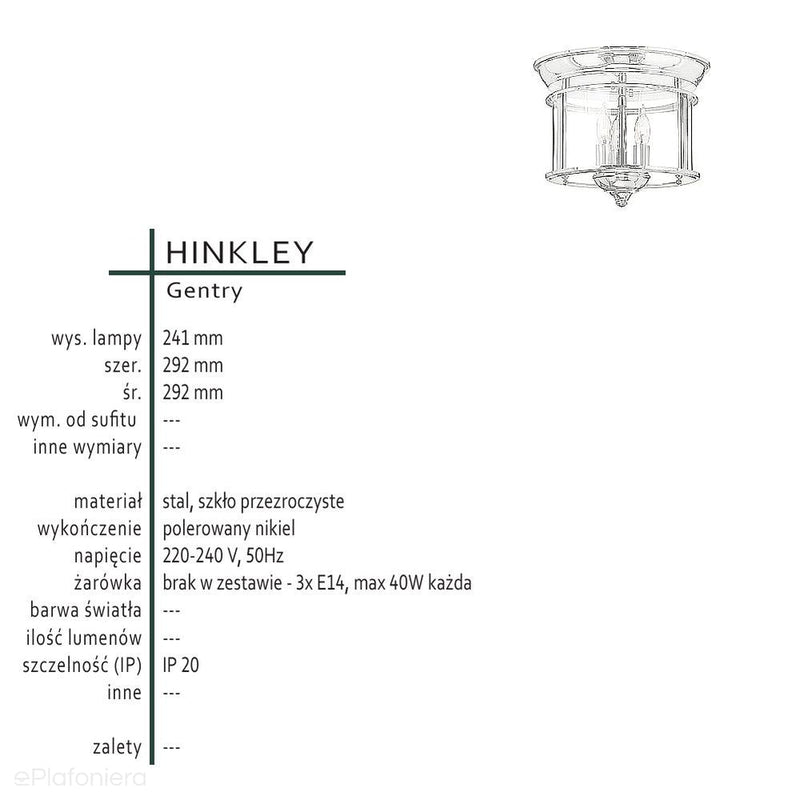 Стельовий ліхтар 29см (нікель) світильник - стельовий світильник для вітальні, кухні, спальні, ванної (3xE14) Hinkley (Gentry)