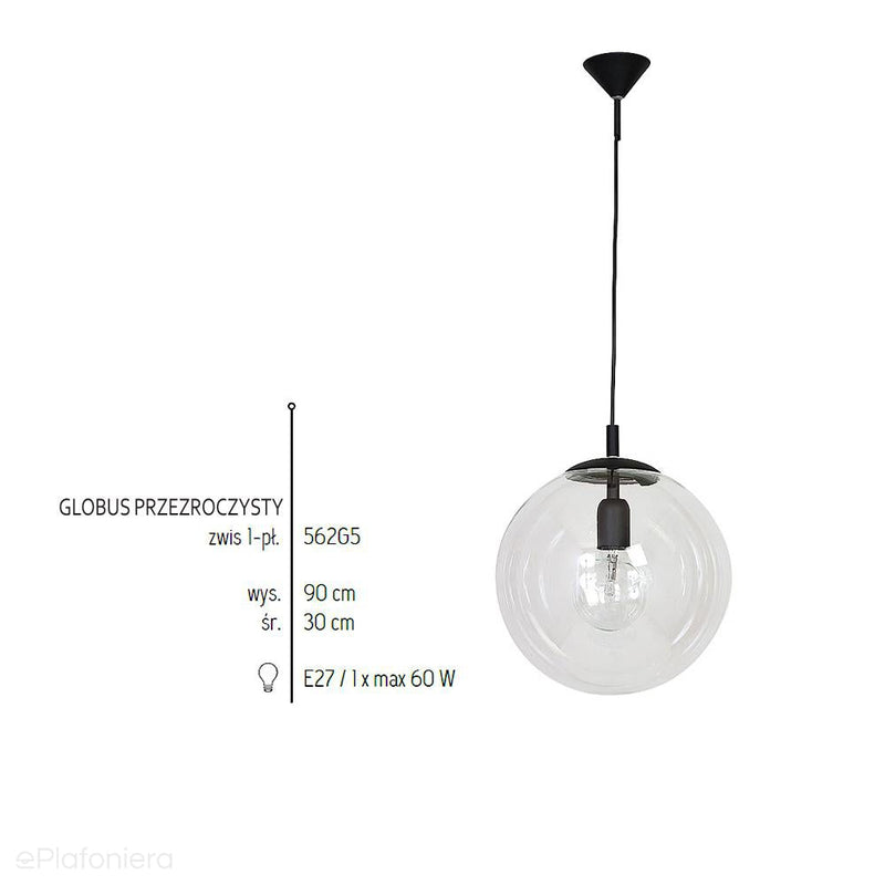 Szklana lampa wisząca, pojedyncza przezroczysta kula 1xE27, (czarne zawiesie) Aldex (Globus) 562G5 - ePlafoniera