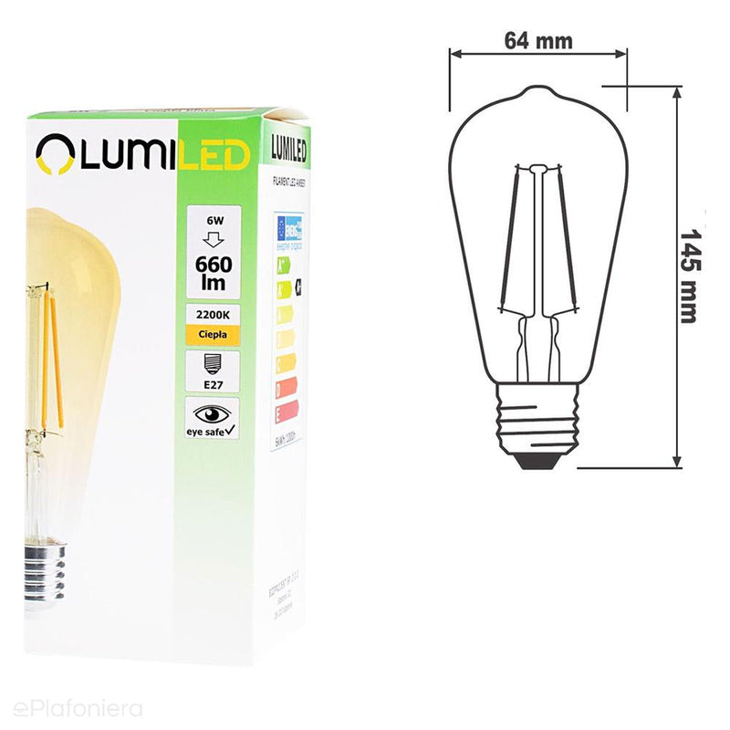 E27 Filament LED лампочка (Edison ST64, 6W=50W) (660lm, 2200K) Lumiled/LEDZARMI810