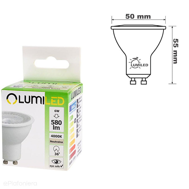 GU10 LED лампа прозора, 36° (6W = 60W) (580lm, 4000K/6000K/3000K) Lumiled/LEDZARMI011D