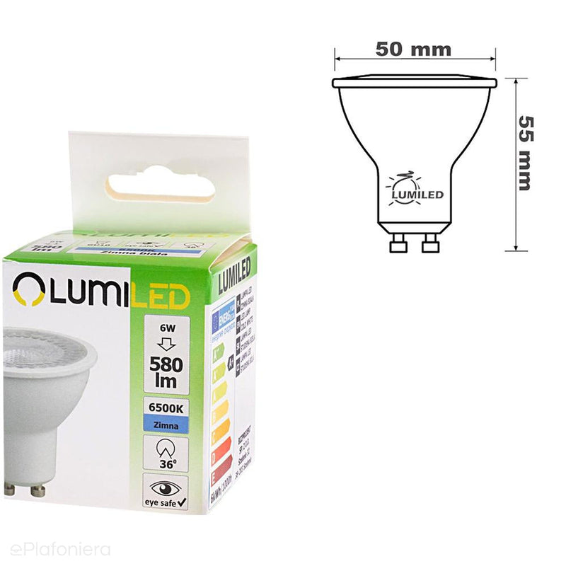 GU10 LED лампа прозора, 36° (6W = 60W) (580lm, 4000K/6000K/3000K) Lumiled/LEDZARMI011D