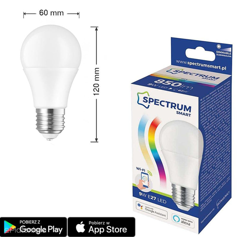 Лампа Smart WiFi, диммована, LED E27 (A60, 9W=62W) (850lm, 3000K-6500K, RGB+CCT) WOJSMA0005