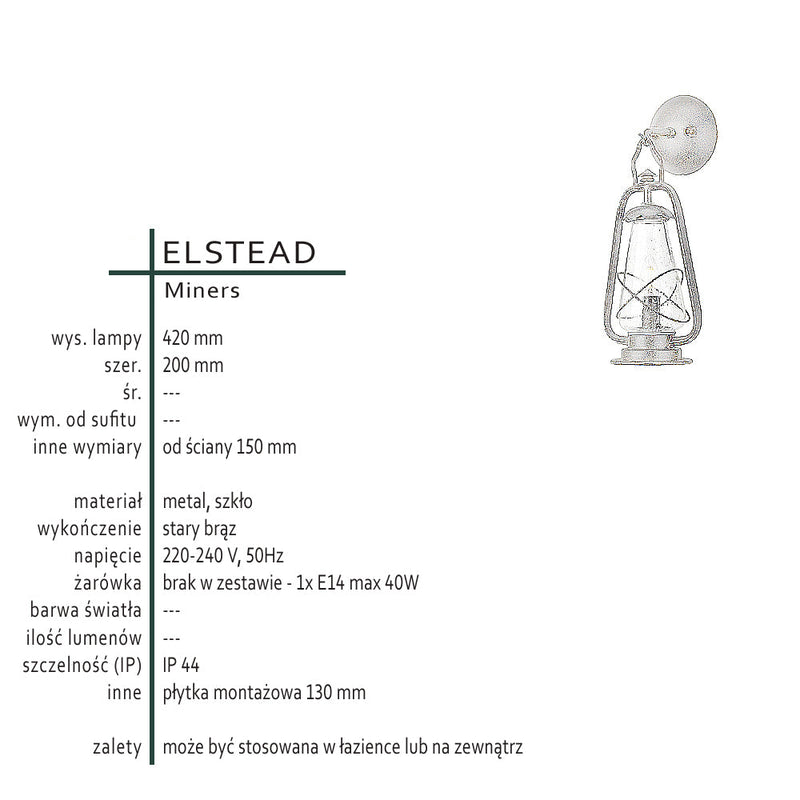 Вуличний ліхтар, настінний металевий світильник, 1xE14 Elstead (Шахтарі)