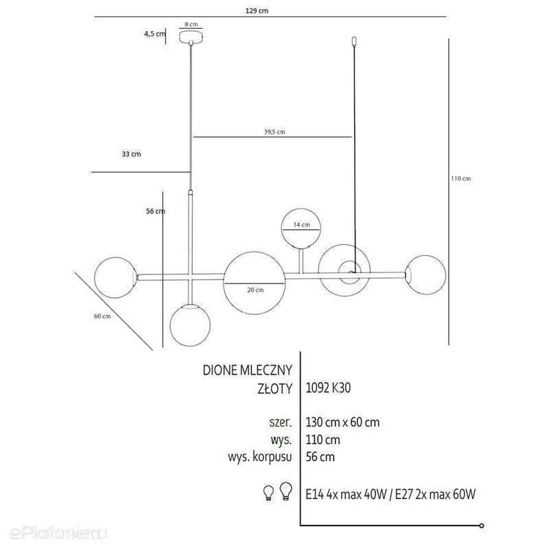 Підвісний світильник Dione 6 Gold - Aldex 1092K30, золотий підвіс (4xE14/2xE27)