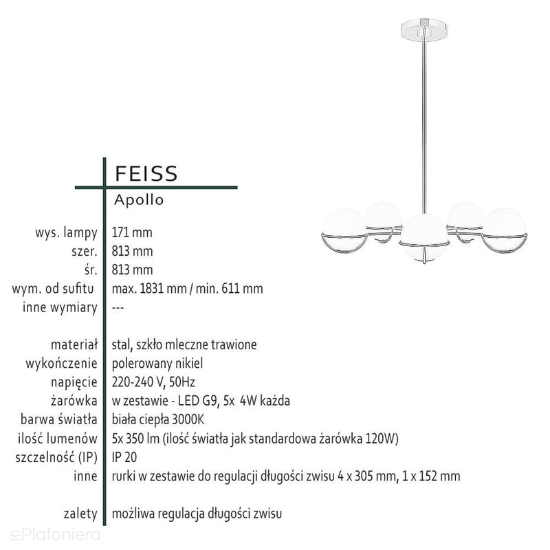 Люстра Apollo в сучасному стилі (нікель полірований) для вітальні / спальні / кухні - Feiss (G9 5x4W)