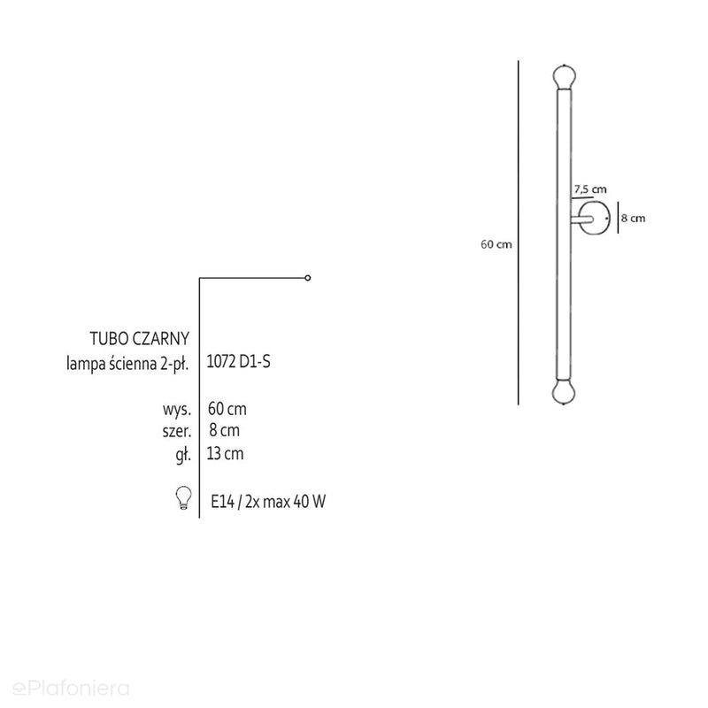 Чорний настінний світильник - Tubo Wall Black S - Aldex (2xE14) 60см, 1072D1S