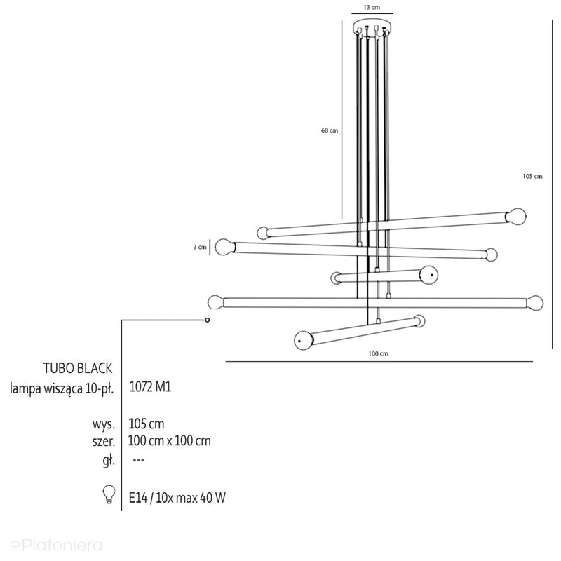 Люстра для вітальні, кабінету - підвісний світильник трубка чорна (10xE14) Aldex (tubo) 1072M1