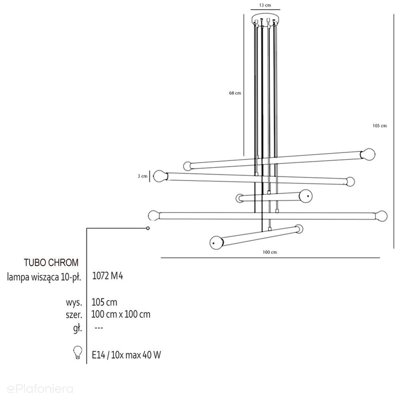 Люстра для вітальні, кабінету - підвісний світильник хромована труба (10xE14) Aldex (tubo) 1072M4