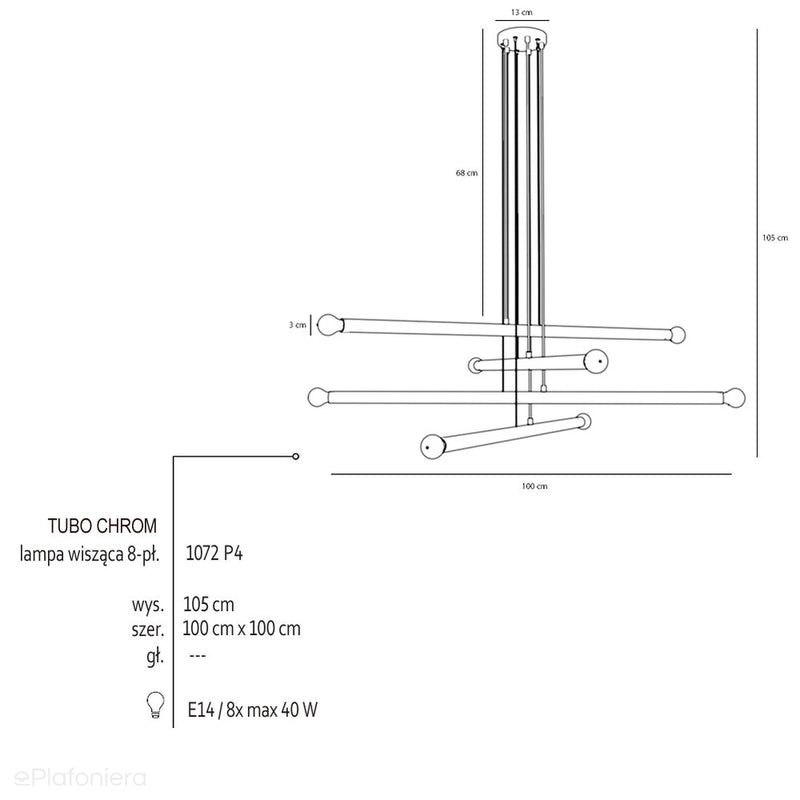 Люстра для вітальні, офісу - підвісний світильник хромована трубка (8xE14) Aldex (tubo) 1072P4