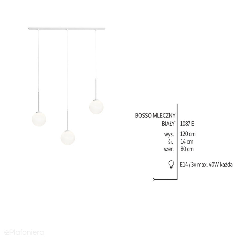 Світильник підвісний білий підвіс (3х14см), три молочних кулі (3хЕ14) Aldex (Bosso) 1087E