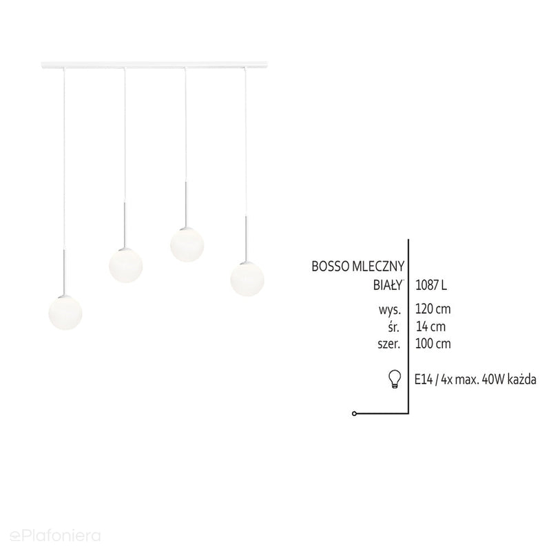 Світильник підвісний білий підвіс (4х14см), чотири молочних кулі (4хЕ14) Aldex (Bosso) 1087L
