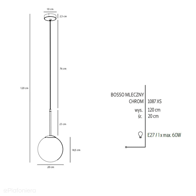 Світильник підвісний, хромований підвіс (20 см), одна молочна куля (E27) Aldex (Bosso) 1087XS4