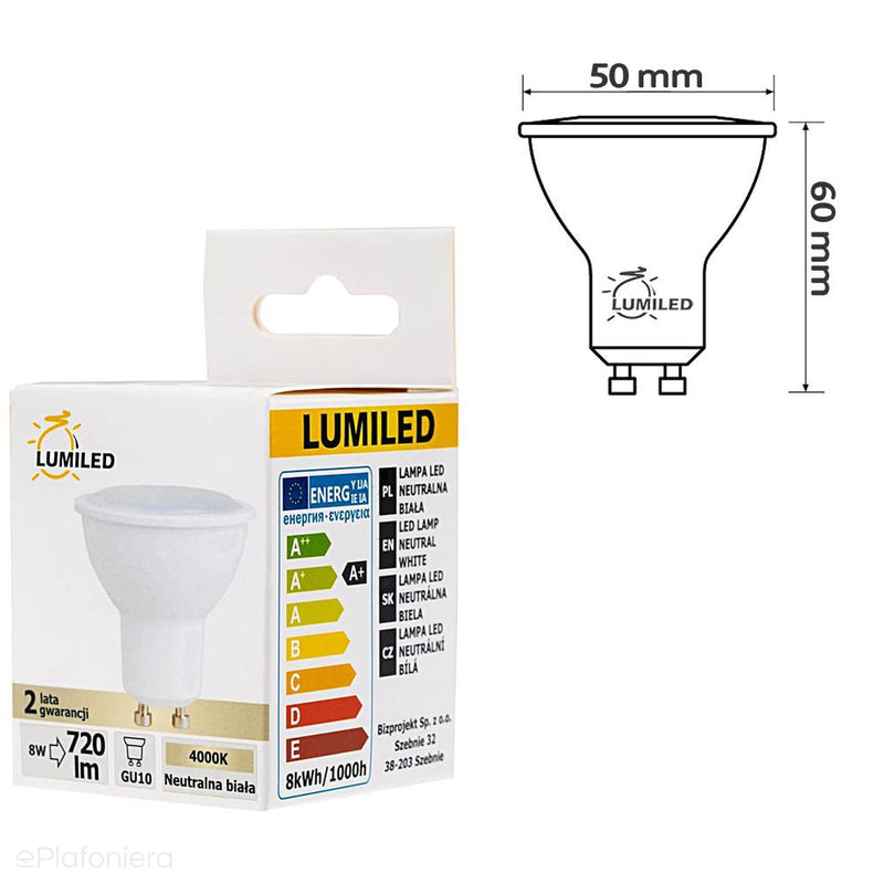 GU10 LED лампа, молочний, 120° (8W = 70W) (720lm, 4000K/6000K/3000K) Lumiled/LEDZARMI014B