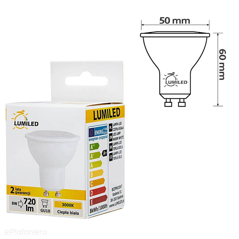 GU10 LED лампа, молочний, 120° (8W = 70W) (720lm, 4000K/6000K/3000K) Lumiled/LEDZARMI014B