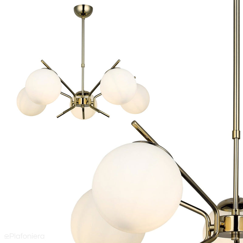 Золотий підвісний світильник зі скляними плафонами для вітальні, спальні, кухні (5xE27) 1566-80-05 PETOS