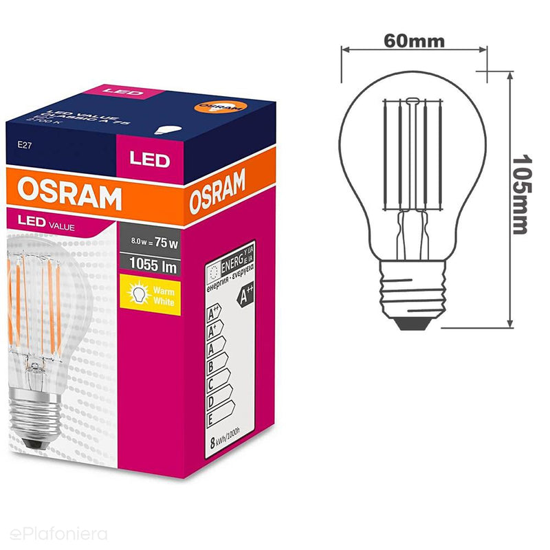 E27 нитяна світлодіодна лампа (A60, 8W = 75W) (1055lm, 4000K/2700K) Osram/OSRVALU5711