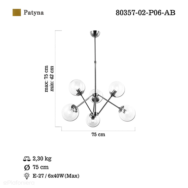 Світильник металевий модний - підвісний (6 плафонів) для вітальні Lucea 80357-02-P06-AB RONNA
