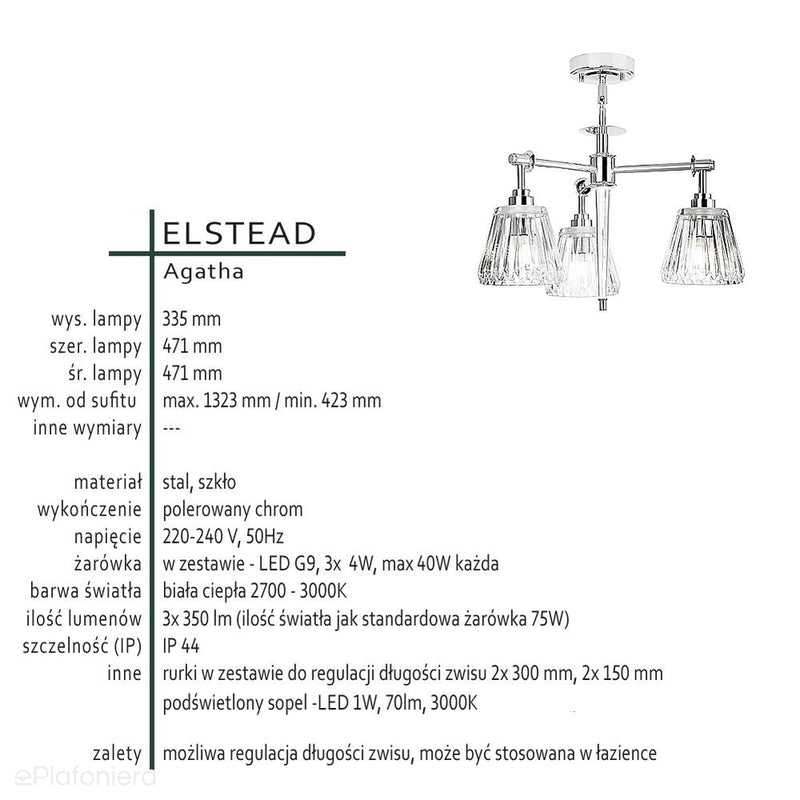 Підвісний світильник з полірованим хромом - Agatha, Elstead Lighting - LED, IP44