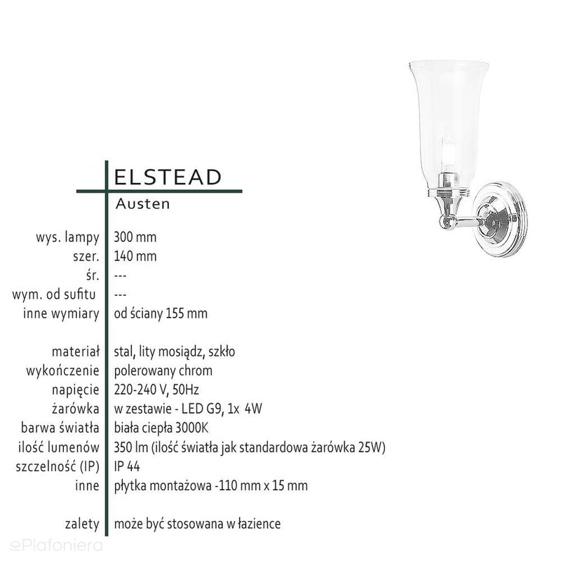 Настінний світильник Austen для ванної кімнати, полірований хром - Elstead (скло, висота 30см) G9 1x4W