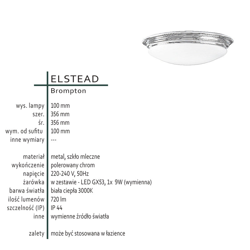 Хромований стельовий світильник для ванної, кухні, їдальні LED GX53 Elstead (Brompton)