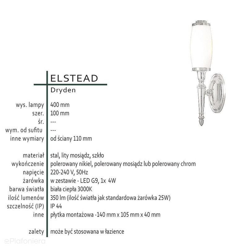 Настінний світильник Dryden для ванної кімнати / дзеркало (полірований: нікель/латунь/хром) - Elstead (G9 1x4W / IP44)