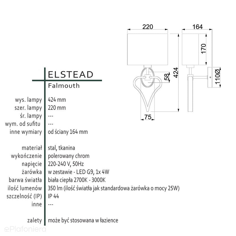 Романтичний настінний світильник для ванної Falmouth IP44 - Elstead (чорний, полірований хром)