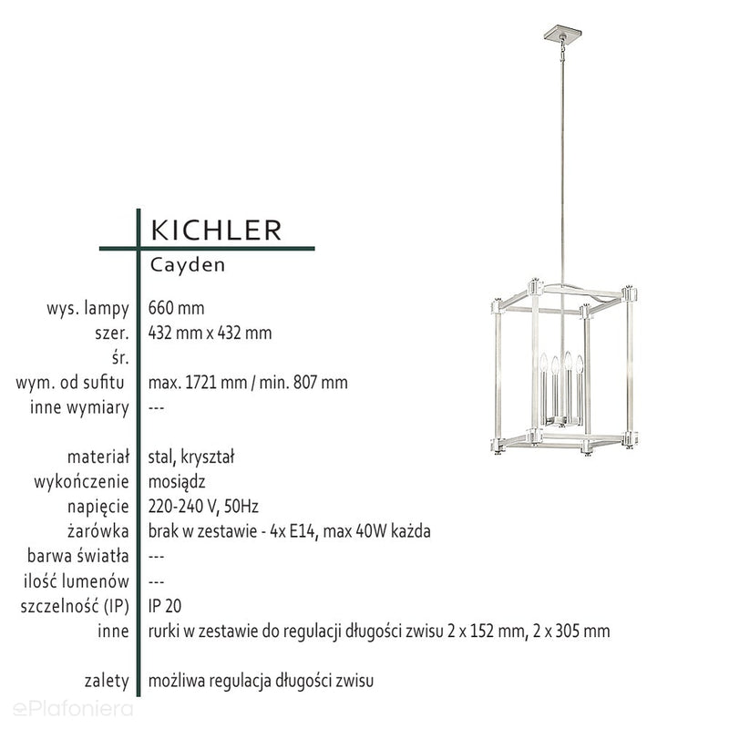 Латунь підвісний світильник - клітка 43х43см для вітальні, кухні, спальні (4xE14) Kichler (Cayden)