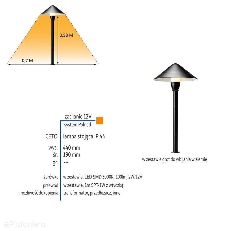 Світильник стоячий 44см зовнішній садовий стовп IP 44 (2W, 3000K) (12V LED система) Ceto