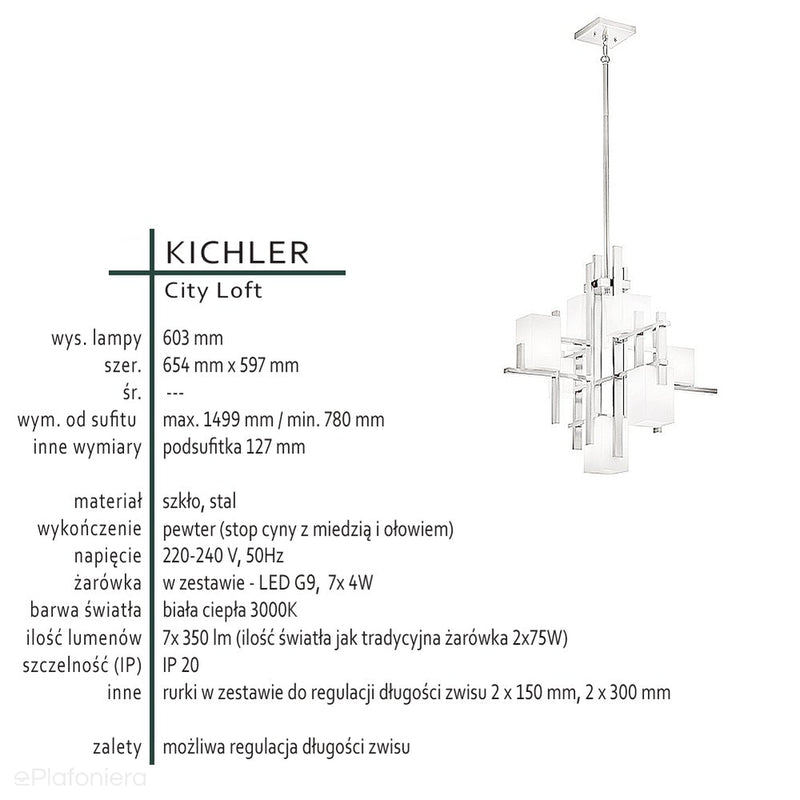 Міський підвісний світильник з опаловим склом + олово - Kichler (LED, 65x60cm, 7xD9)