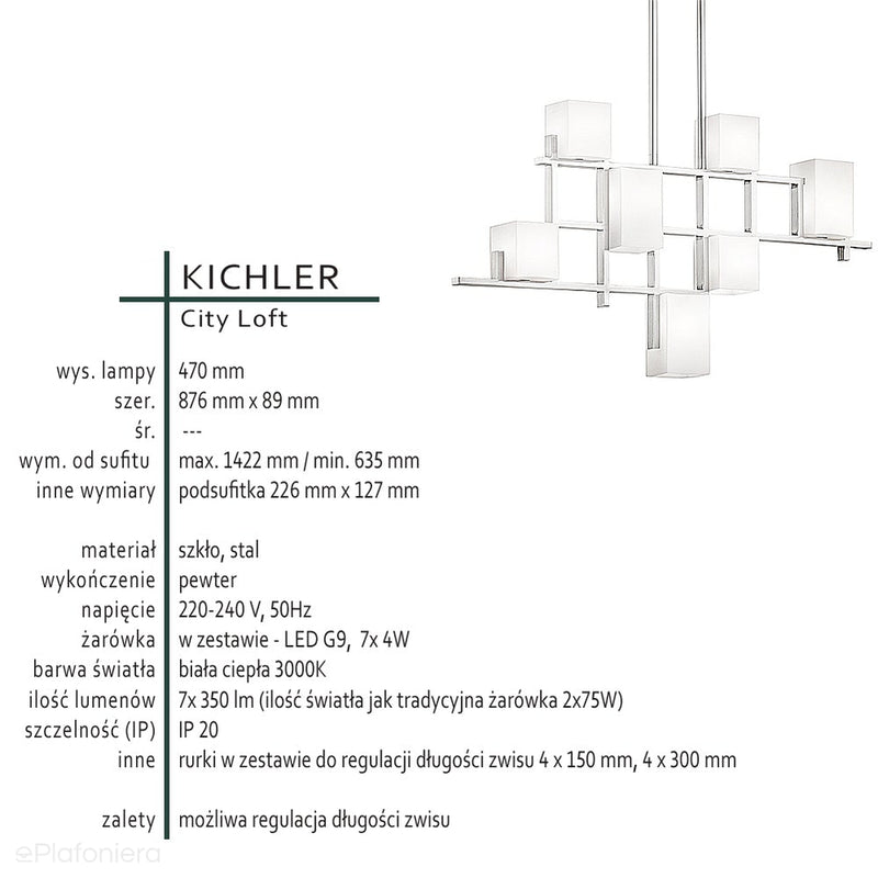 Люстра для вітальні / їдальні City - Kichler (олово, молочне скло, 88х9см, 7х9)