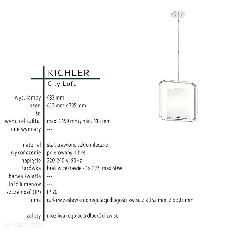 Нікель, скло 23х41см, сучасний підвісний світильник для вітальні, спальні, кухні (1xE27) Kichler (City Loft)