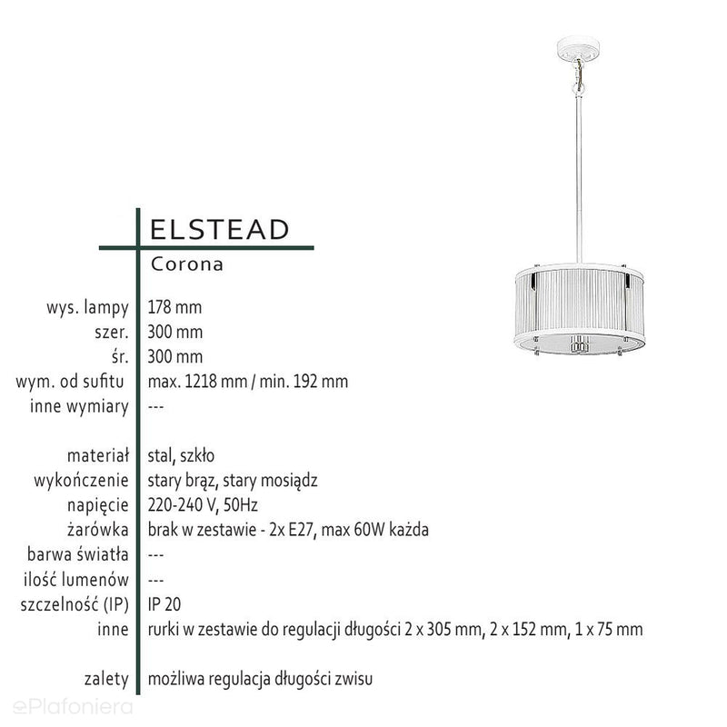 Регульована підвісна лампа, Elstead Lighting (Corona 2 p) - музейна бронза / 2xE27 або 3xE27