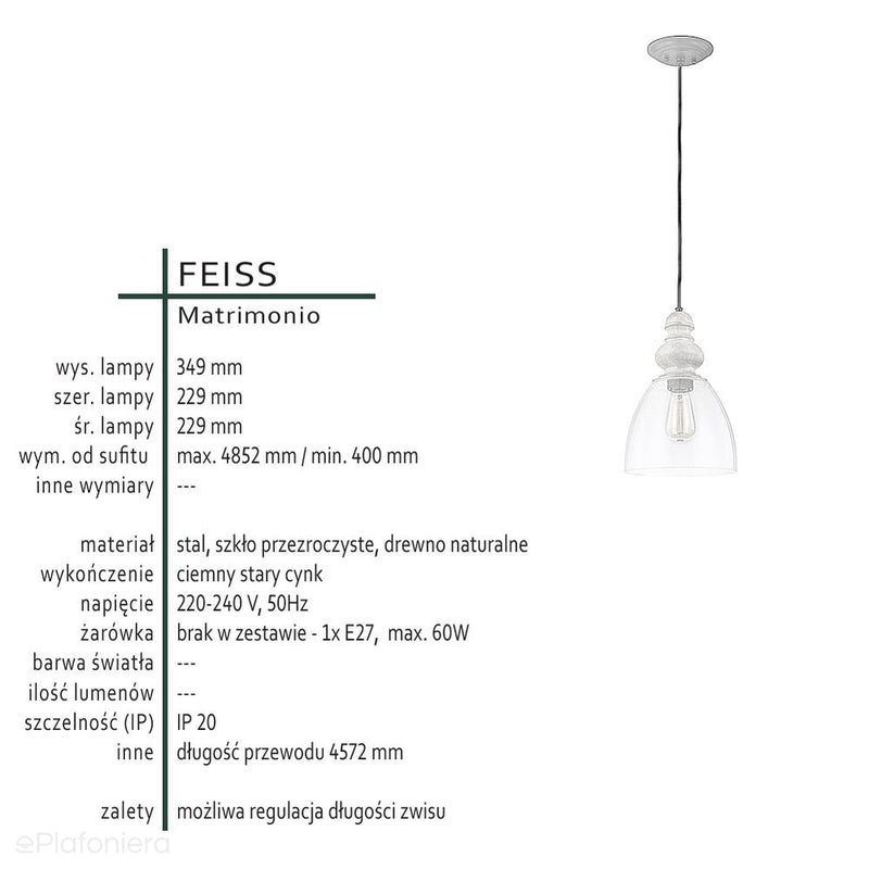 Світильник підвісний 23см (скло - дерево) для спальні, вітальні, кухні (1xE27) Feiss (Matrimonio)
