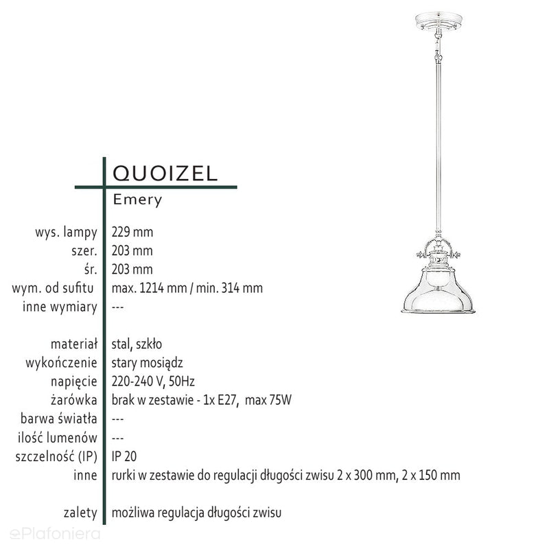 Промисловий підвісний світильник Emery зі старою латунню - Quoizel, 20см, 1xE27